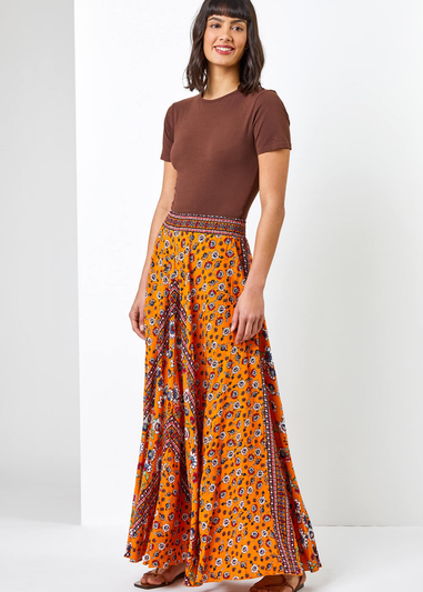 Roman Orange Floral Print Boho Elastic Waist Maxi Skirt