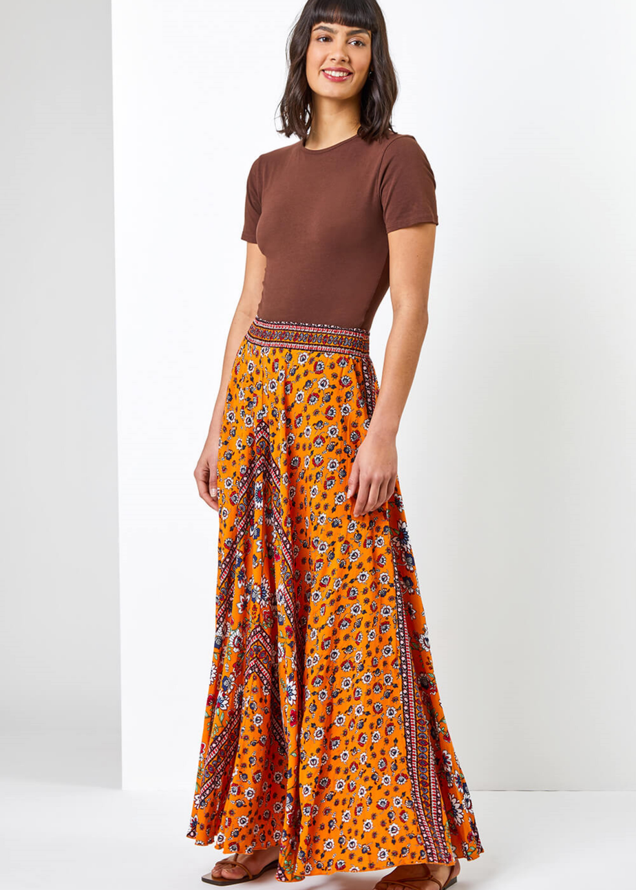 Roman Orange Floral Print Boho Elastic Waist Maxi Skirt