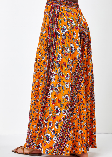 Roman Orange Floral Print Boho Elastic Waist Maxi Skirt