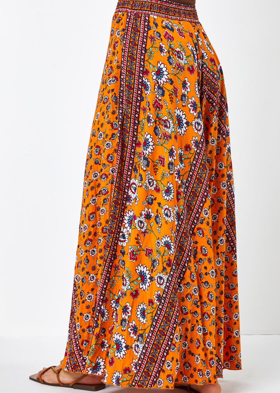 Roman Orange Floral Print Boho Elastic Waist Maxi Skirt