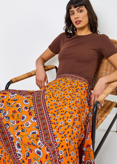 Roman Orange Floral Print Boho Elastic Waist Maxi Skirt