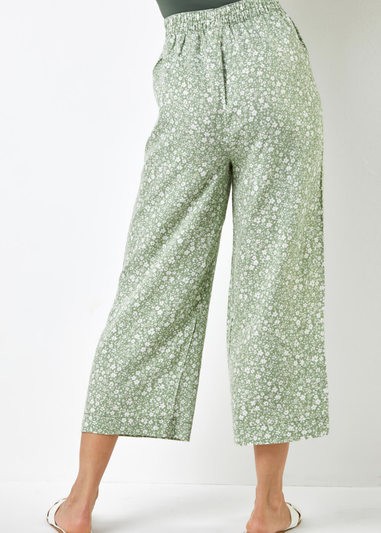 Roman Sage Ditsy Floral Elastic Tie Waist Cropped Culottes