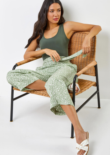Roman Sage Ditsy Floral Elastic Tie Waist Cropped Culottes