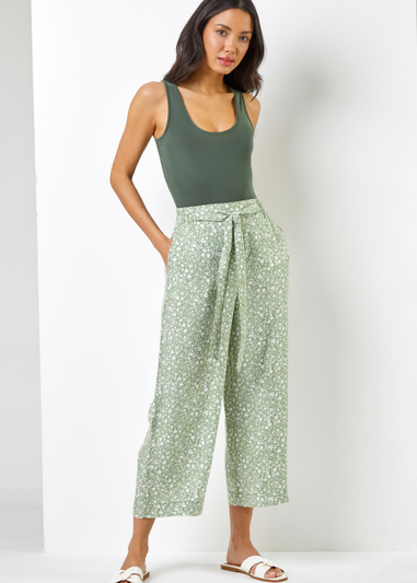 Roman Sage Ditsy Floral Elastic Tie Waist Cropped Culottes