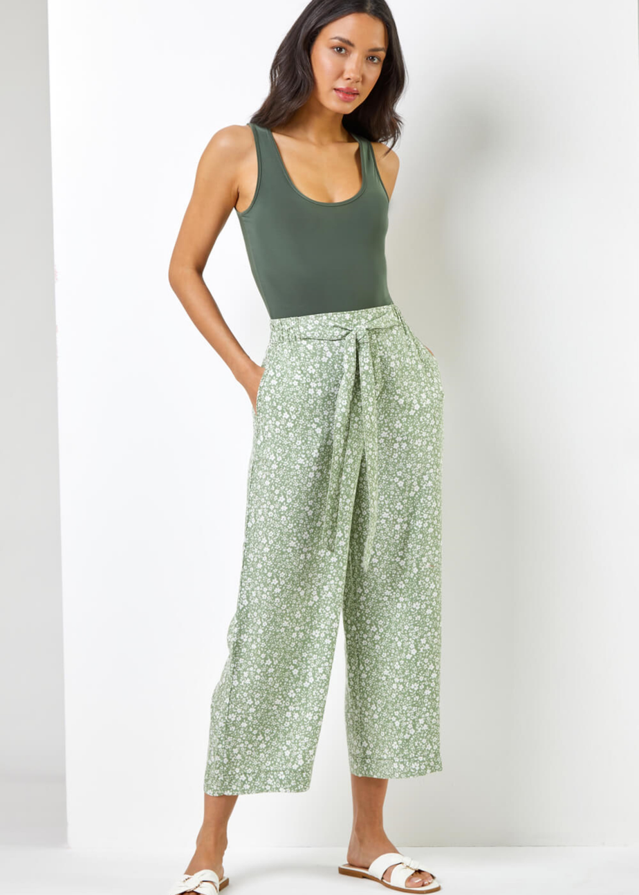 Roman Sage Ditsy Floral Elastic Tie Waist Cropped Culottes