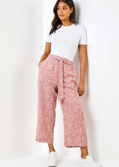 Roman Rust Ditsy Floral Elastic Tie Waist Cropped Culottes