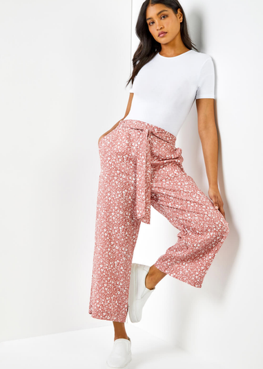 Roman Rust Ditsy Floral Elastic Tie Waist Cropped Culottes