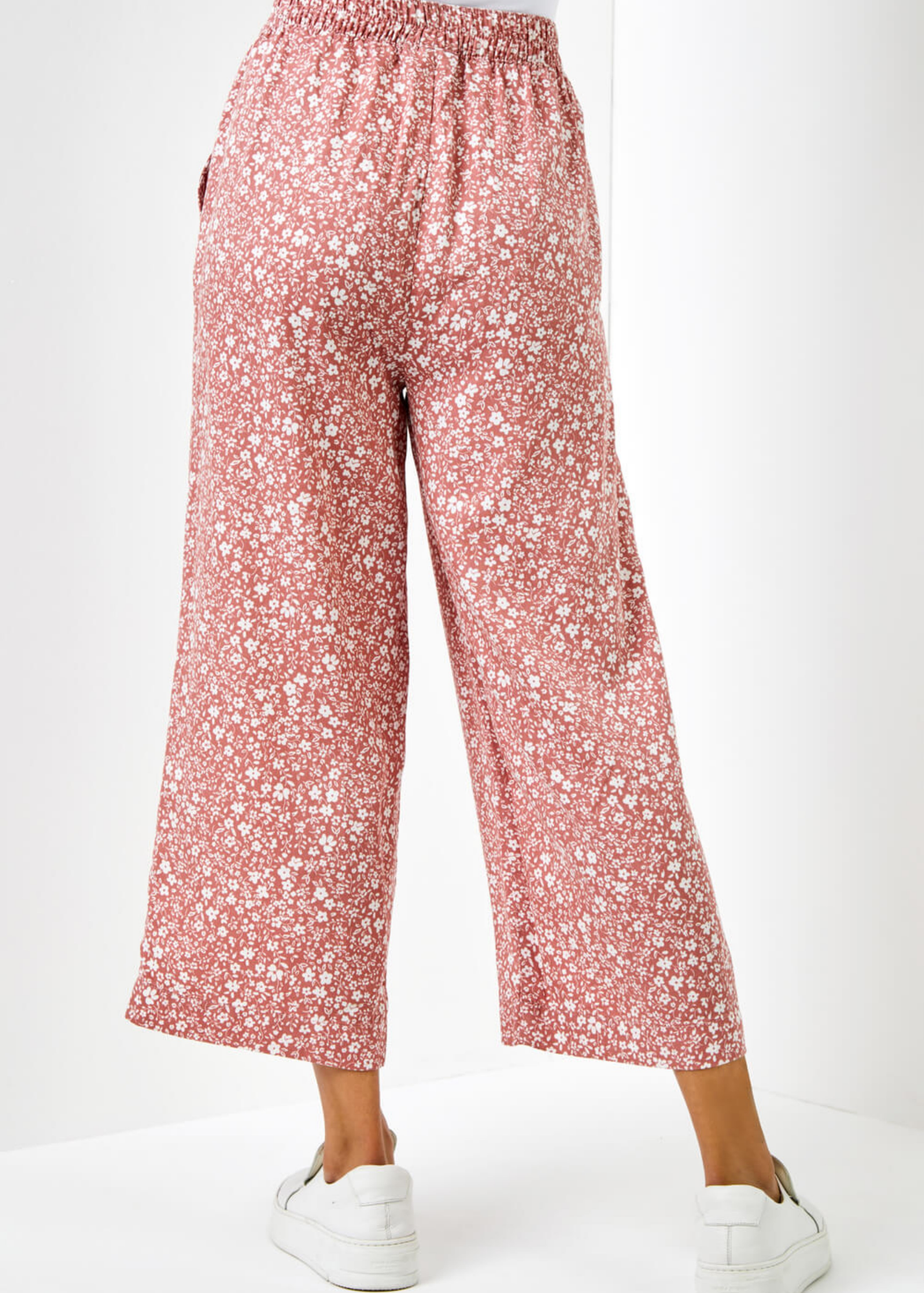 Roman Rust Ditsy Floral Elastic Tie Waist Cropped Culottes