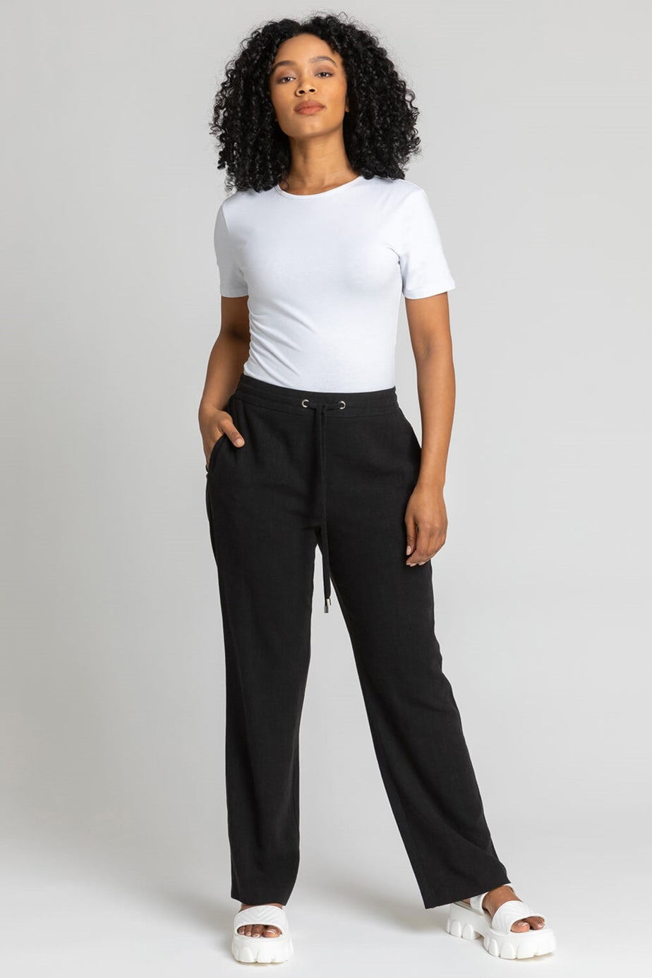Roman Black Petite Linen Tie Front Trousers