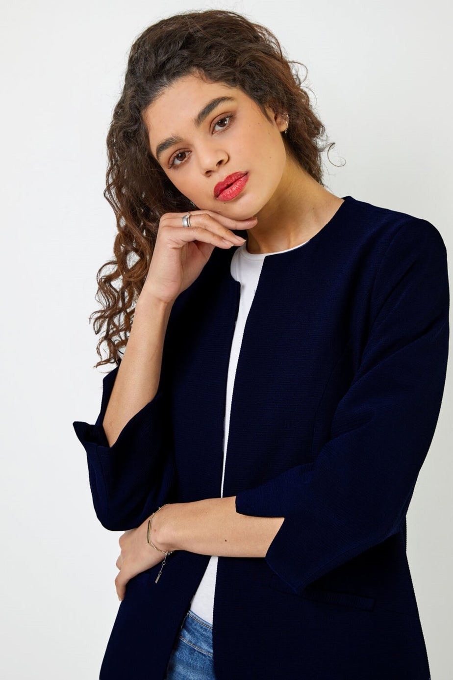 Roman Navy 3/4 Sleeve Textured Longline Jacket