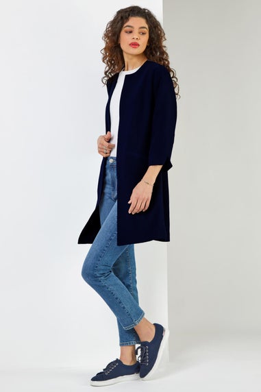 Roman Navy 3/4 Sleeve Textured Longline Jacket