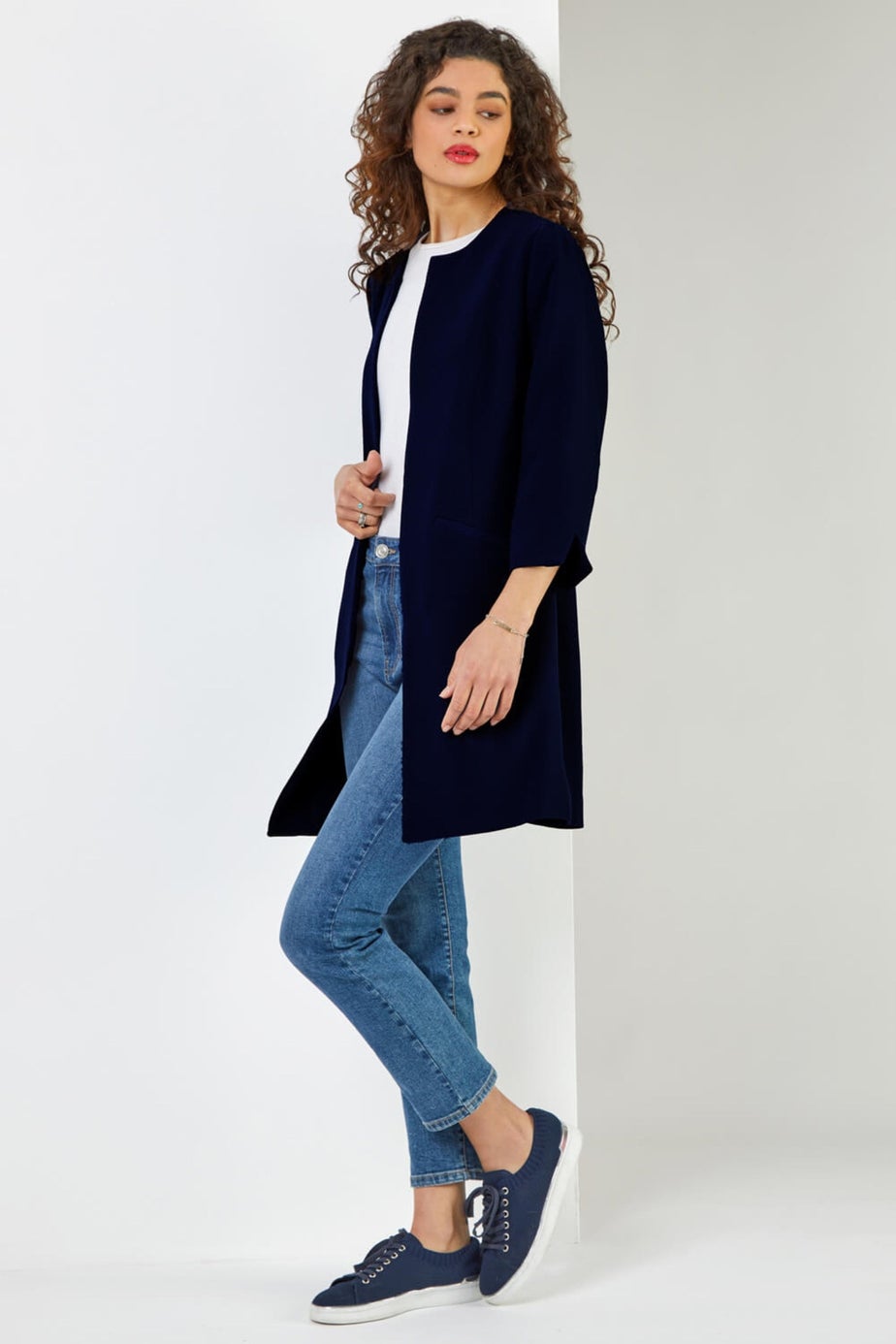 Roman Navy 3/4 Sleeve Textured Longline Jacket