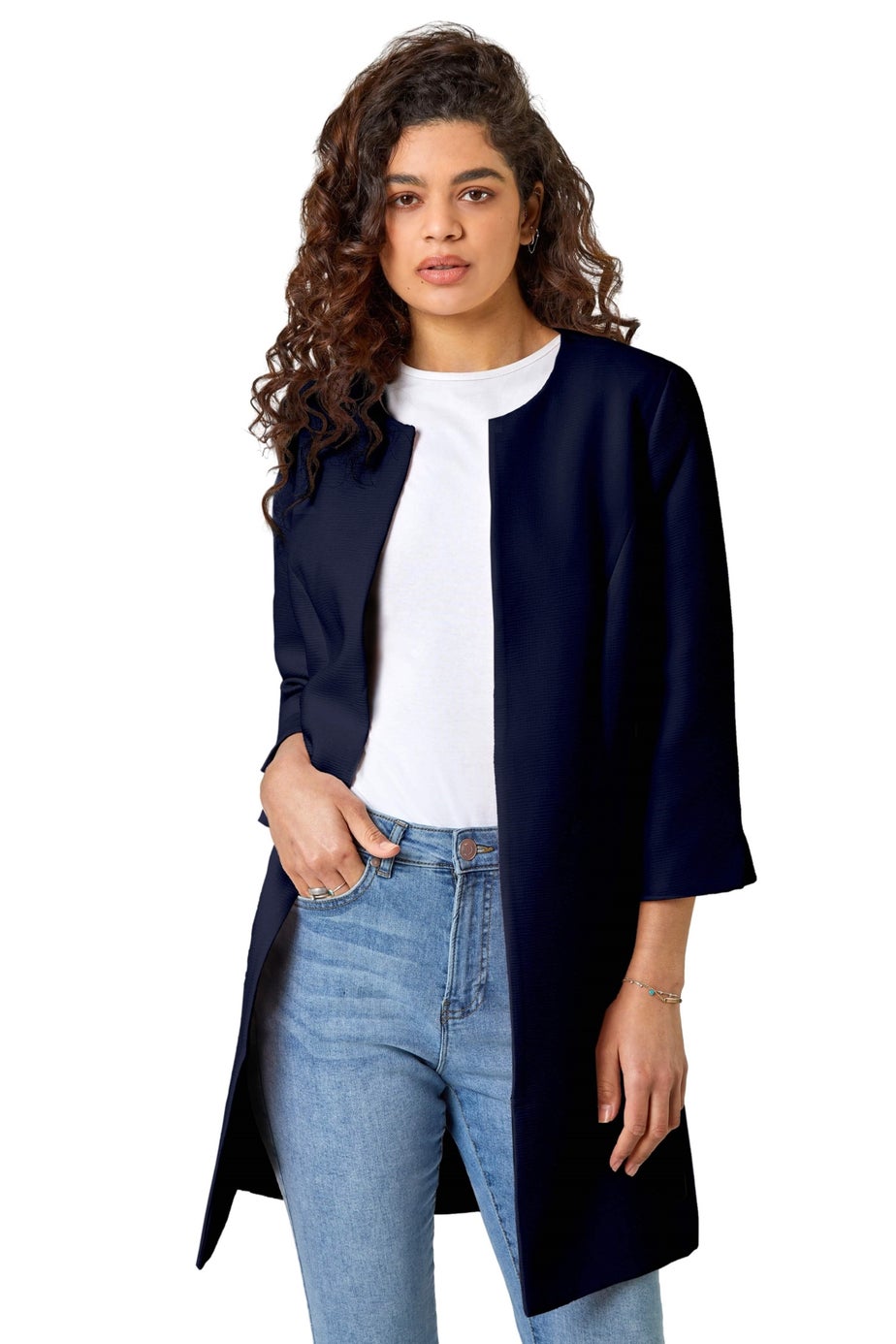 Roman Navy 3/4 Sleeve Textured Longline Jacket