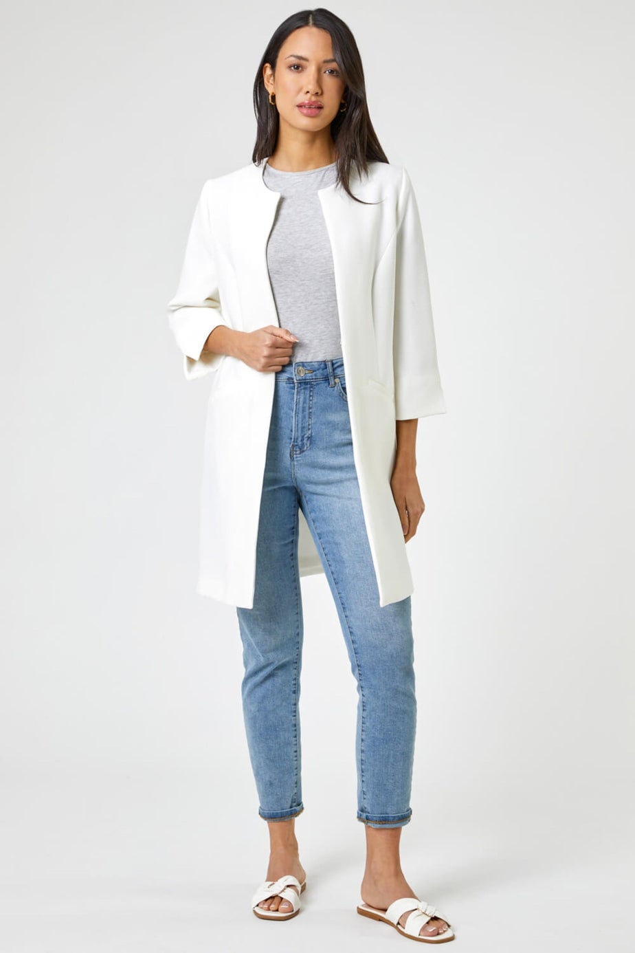 Roman Ivory 3/4 Sleeve Textured Longline Jacket