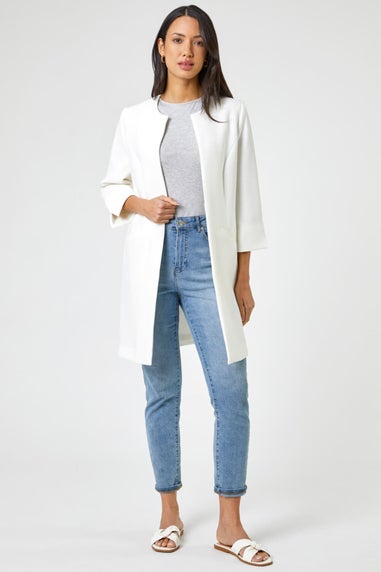 Roman Ivory 3/4 Sleeve Textured Longline Jacket