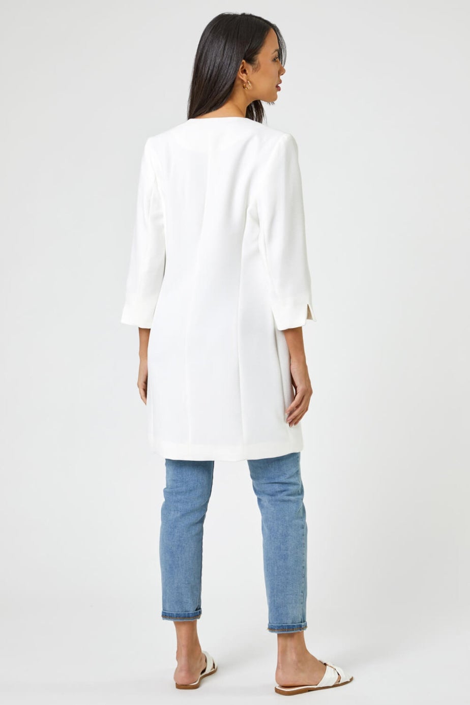 Roman Ivory 3/4 Sleeve Textured Longline Smart Jacket
