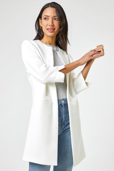 Roman Ivory 3/4 Sleeve Textured Longline Smart Jacket