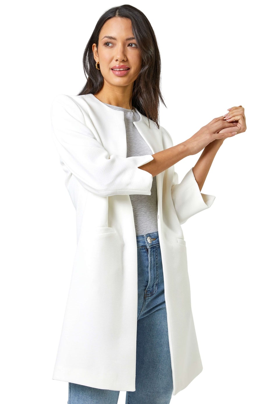 Roman Ivory 3/4 Sleeve Textured Longline Jacket