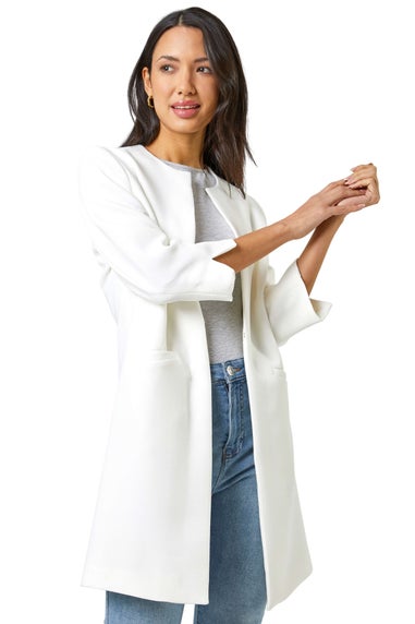 Roman Ivory 3/4 Sleeve Textured Longline Jacket
