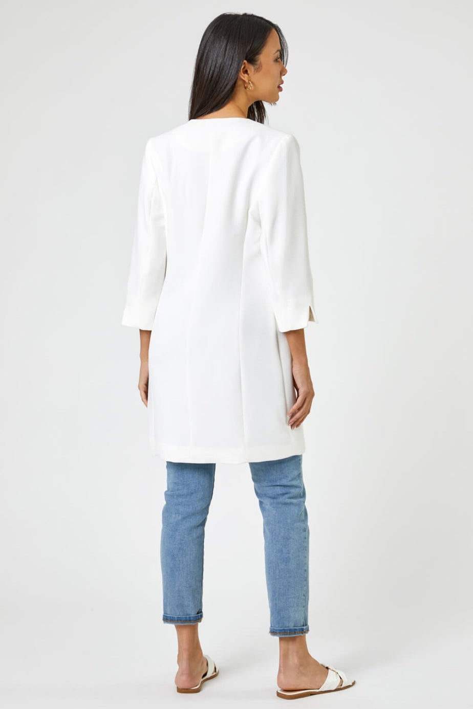 Roman Ivory 3/4 Sleeve Textured Longline Jacket