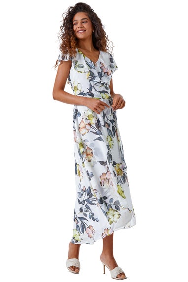Roman Ivory Floral Print Frill Cape Wrap Dress