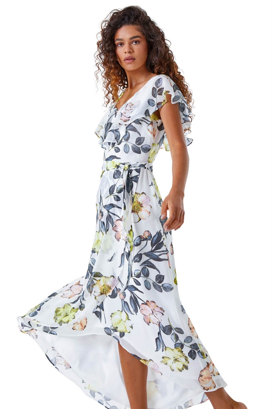 Roman Ivory Floral Print Frill Cape Wrap Dress