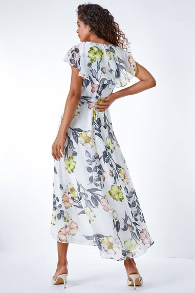 Roman Ivory Floral Print Frill Cape Wrap Dress