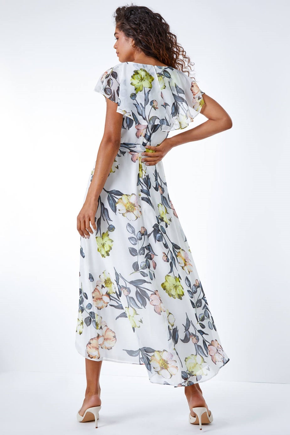 Roman Ivory Floral Print Frill Cape Wrap Dress