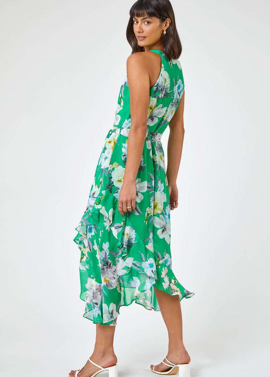 Roman Green Floral Asymmetric Belted Midi Dress