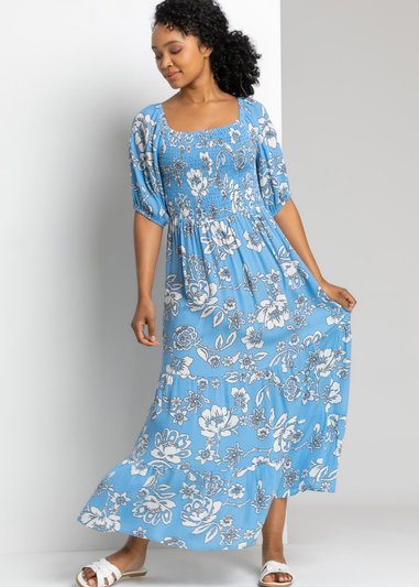 Roman Blue Petite Floral Print Shirred Bodice Maxi Dress