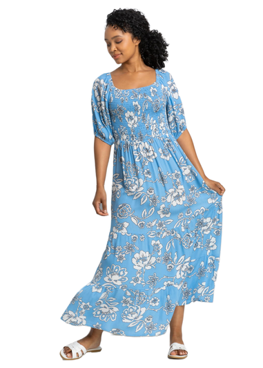Roman Blue Petite Floral Print Shirred Bodice Maxi Dress