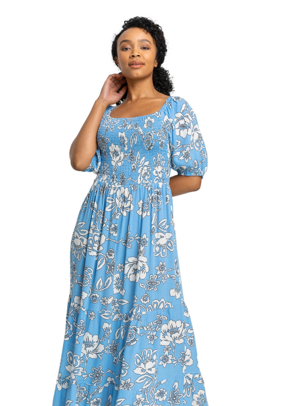 Roman Blue Petite Floral Print Shirred Bodice Maxi Dress