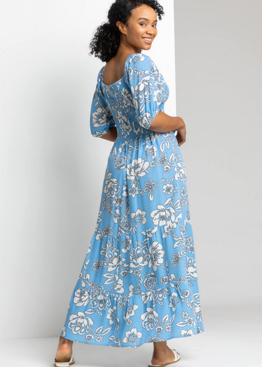 Roman Blue Petite Floral Print Shirred Bodice Maxi Dress