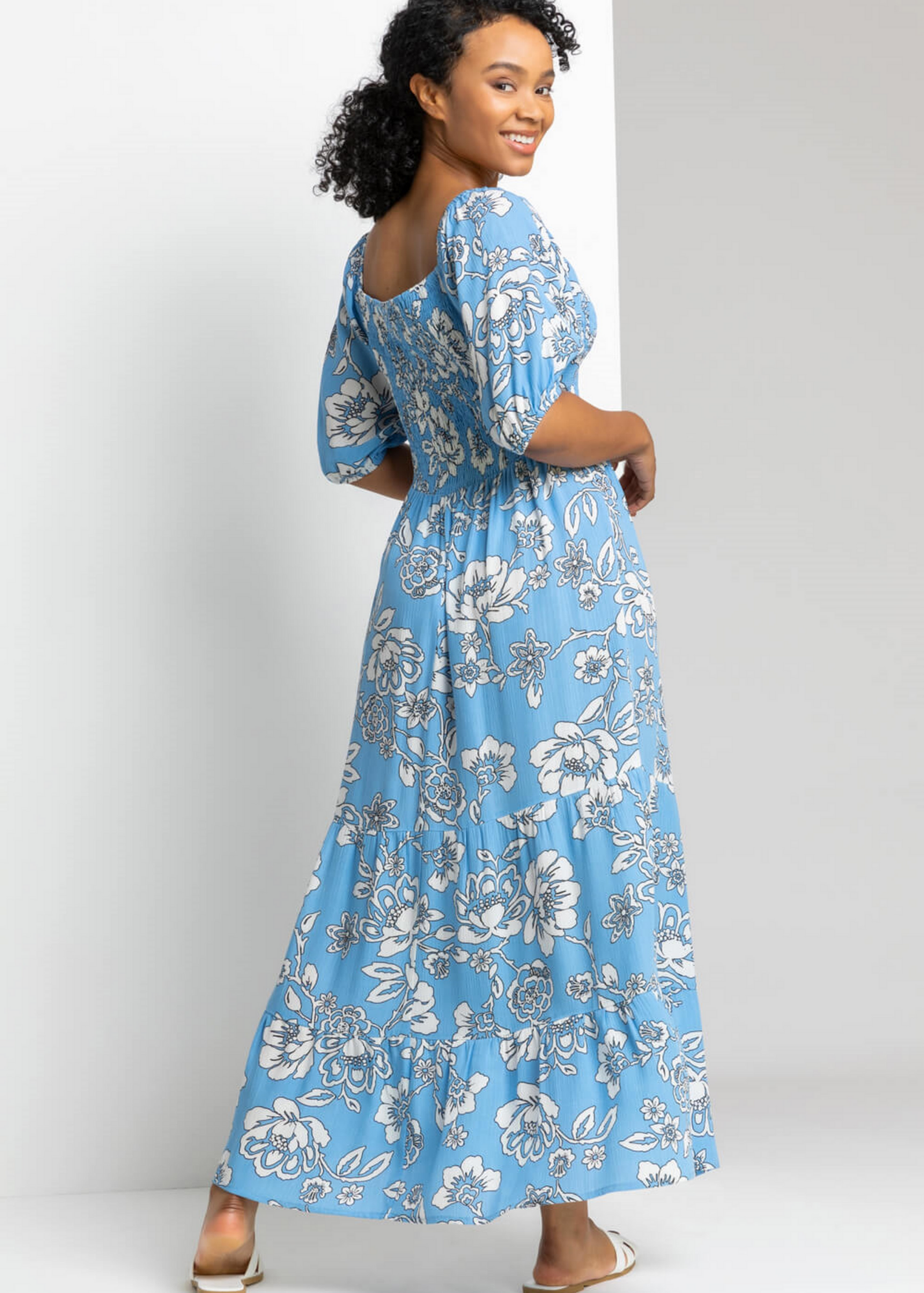Roman Blue Petite Floral Print Shirred Bodice Maxi Dress