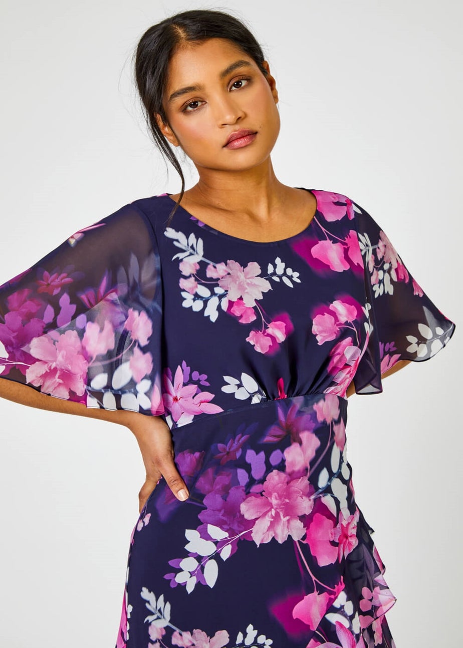 Roman Navy Floral Chiffon Frill Asymmetric Midi Dress