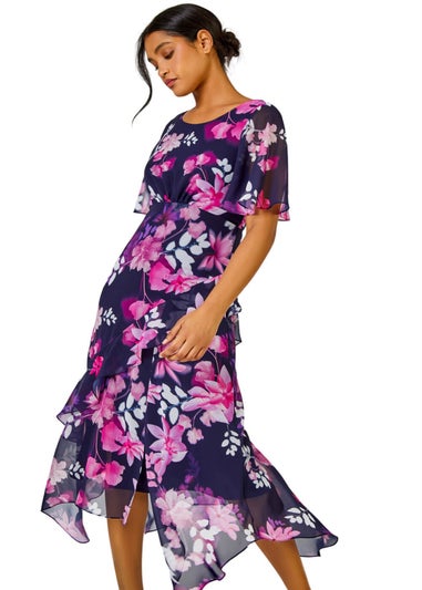 Roman Navy Floral Chiffon Frill Asymmetric Midi Dress