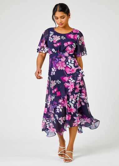 Roman Navy Floral Chiffon Frill Asymmetric Midi Dress