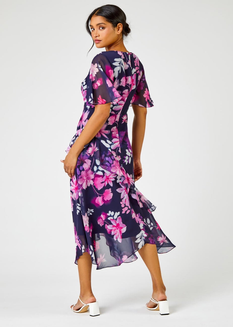Roman Navy Floral Chiffon Frill Asymmetric Midi Dress