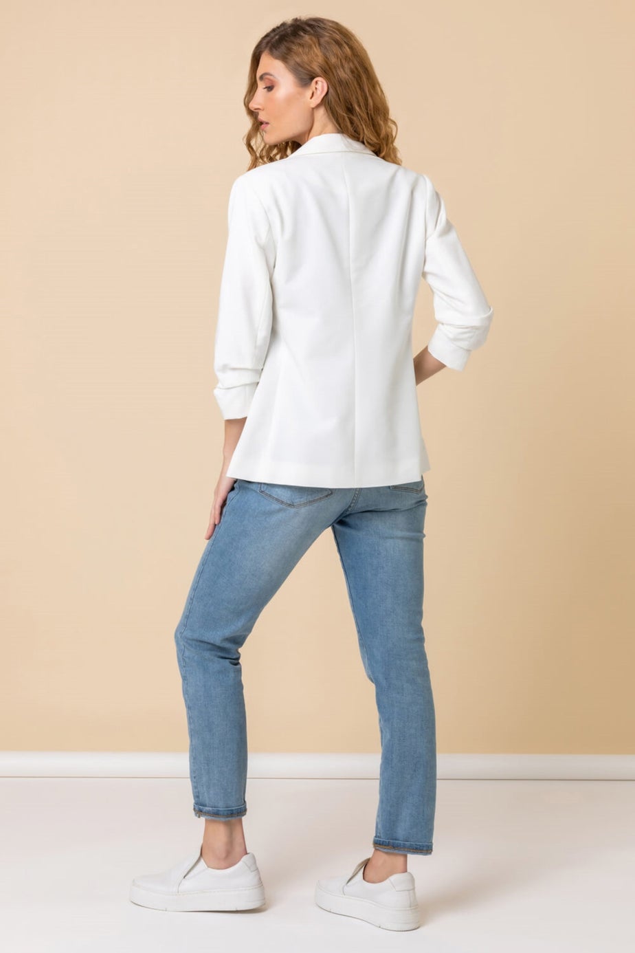 Roman Ivory Ruched 3/4 Sleeve Blazer Jacket