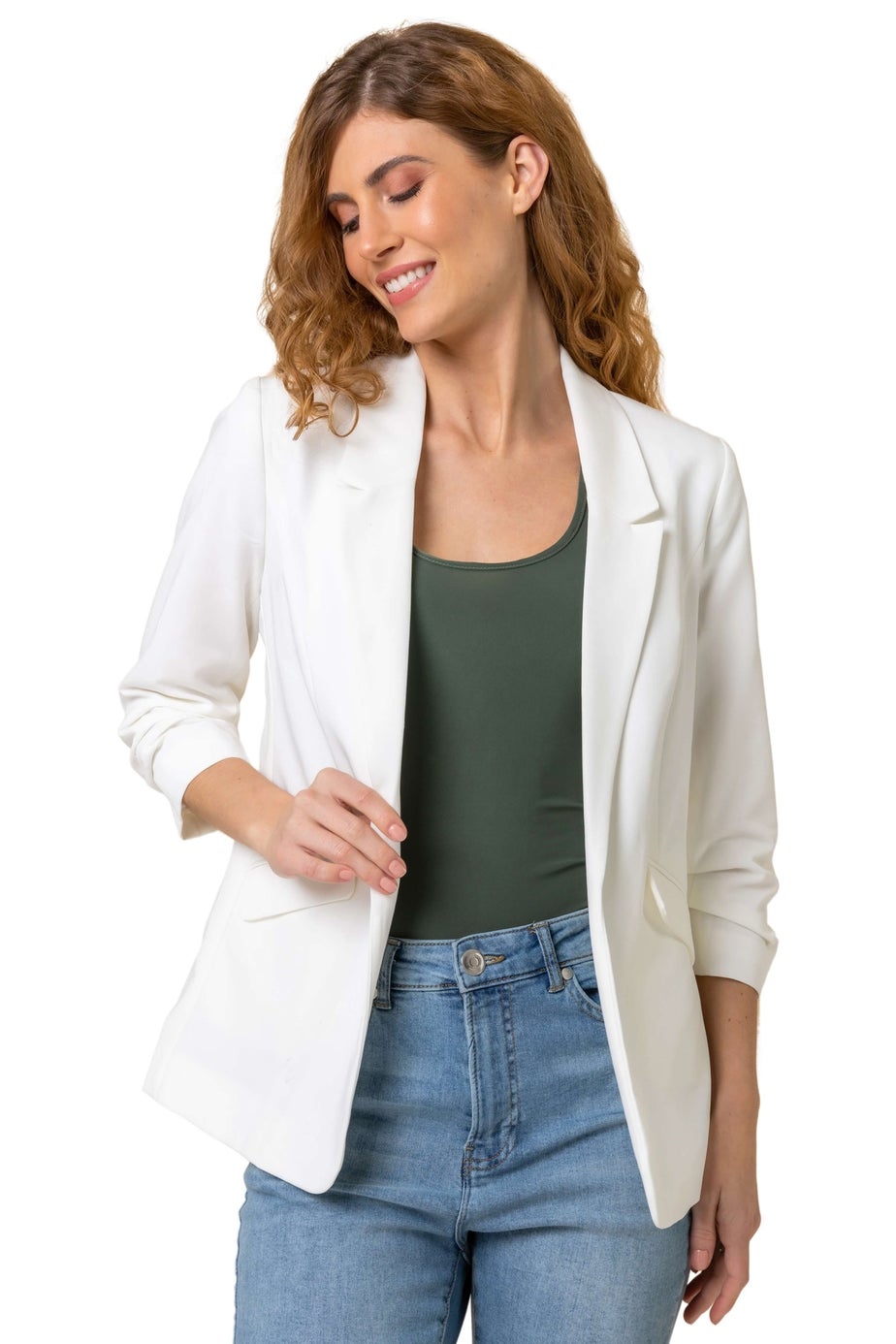Roman Ivory Ruched 3/4 Sleeve Blazer Jacket