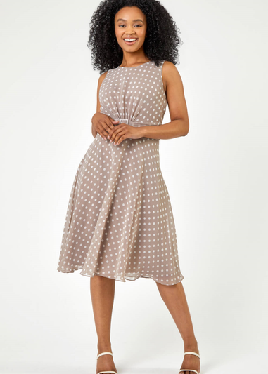 Roman Taupe Petite Spot Print Buckle Detail Dress