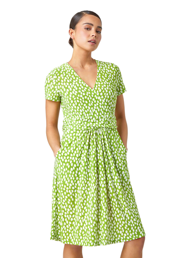 Roman Lime Petite Spot Print Wrap Stretch Dress