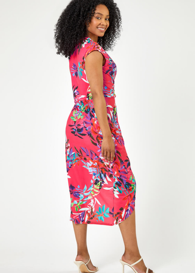 Roman Pink Petite Tropical Print Ruched Wrap Dress