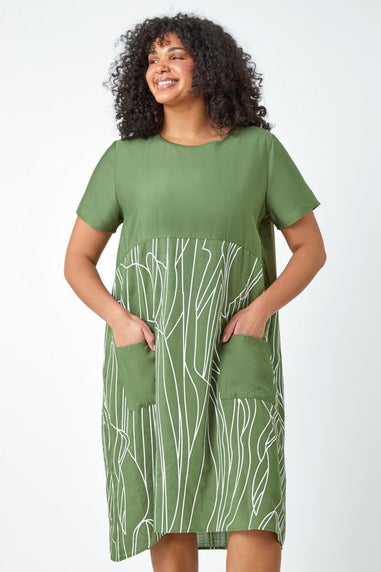 Roman Khaki Curve Contrast Print Pocket T-Shirt Dress