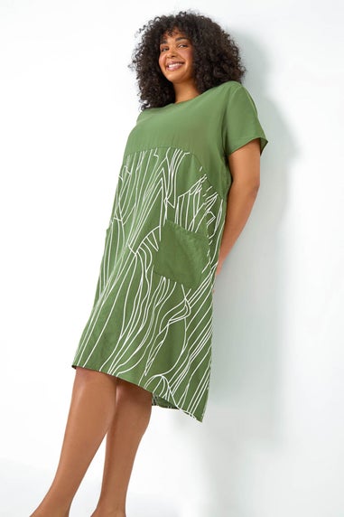 Roman Khaki Curve Contrast Print Pocket T-Shirt Dress