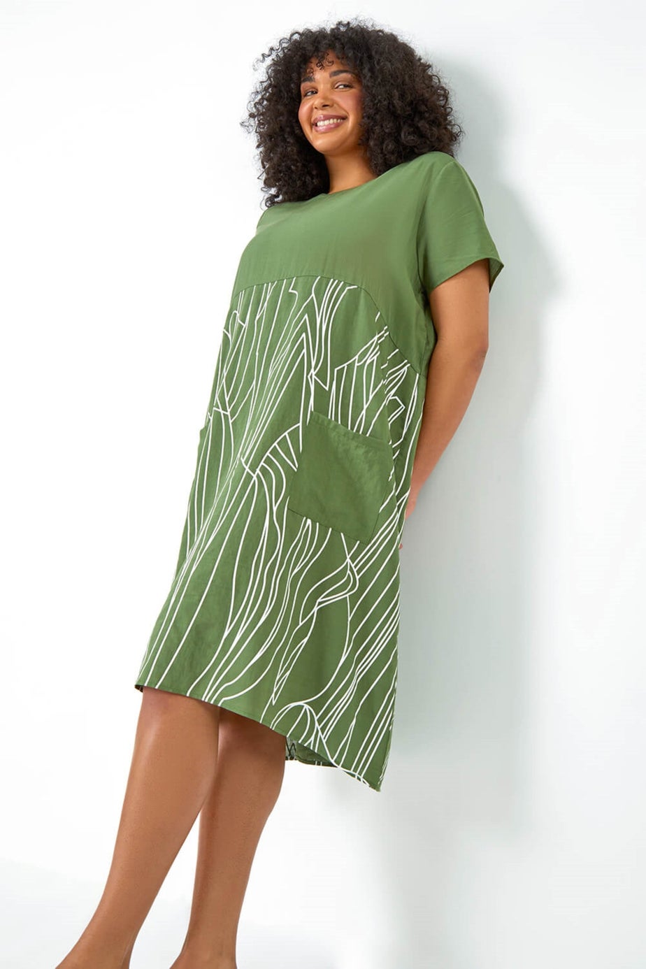 Roman Khaki Curve Contrast Print Pocket T-Shirt Dress