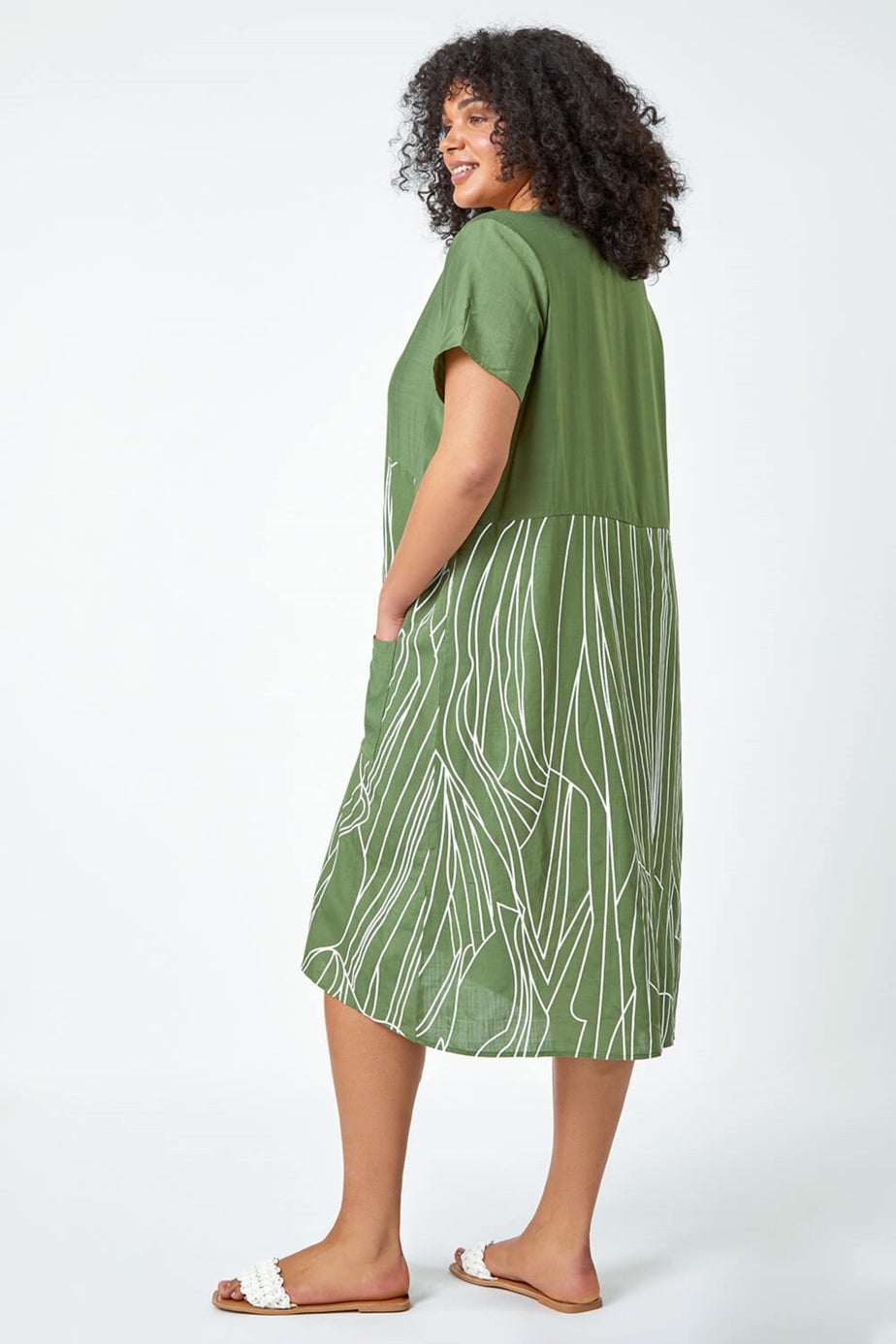 Roman Khaki Curve Contrast Print Pocket T-Shirt Dress