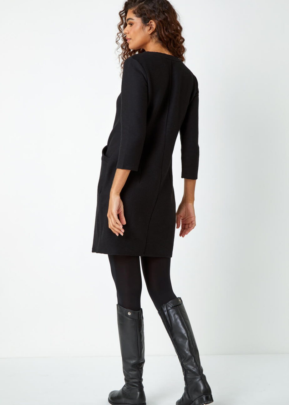 Roman Black Ribbed Pocket Detail Stretch Shift Dress