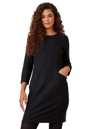 Roman Black Ribbed Pocket Detail Stretch Shift Dress