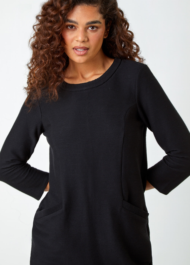 Roman Black Ribbed Pocket Detail Stretch Shift Dress